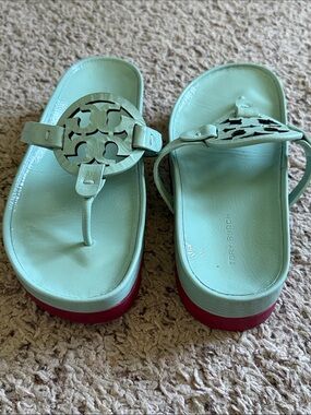 Tory Burch Mint Green Platform Thong Sandals with Red Sole